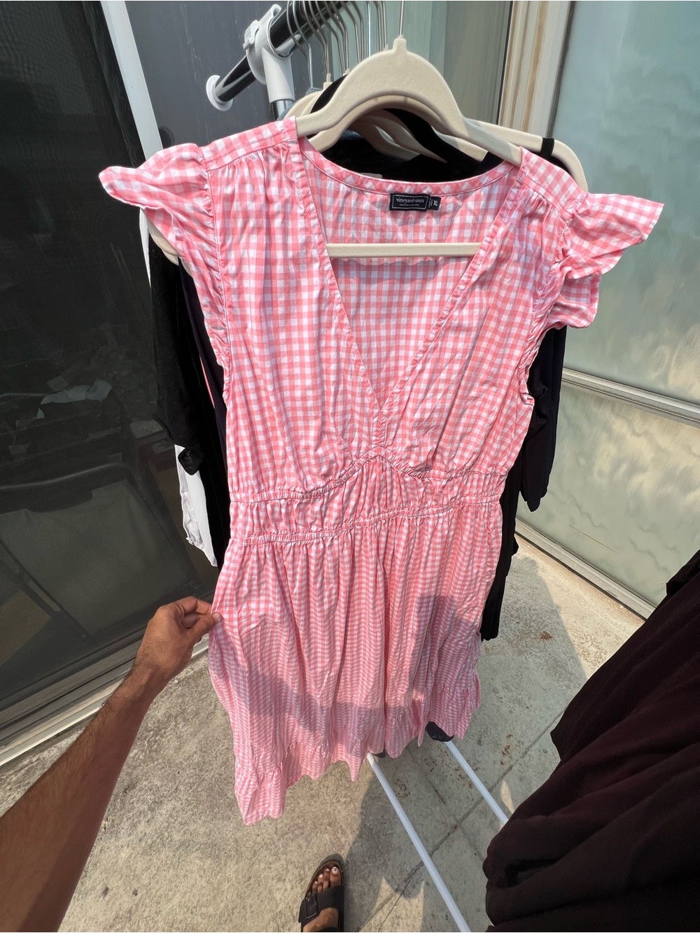 Vineyard Vines Pink Gingham V-Neck Ruffle Sleeve Dress